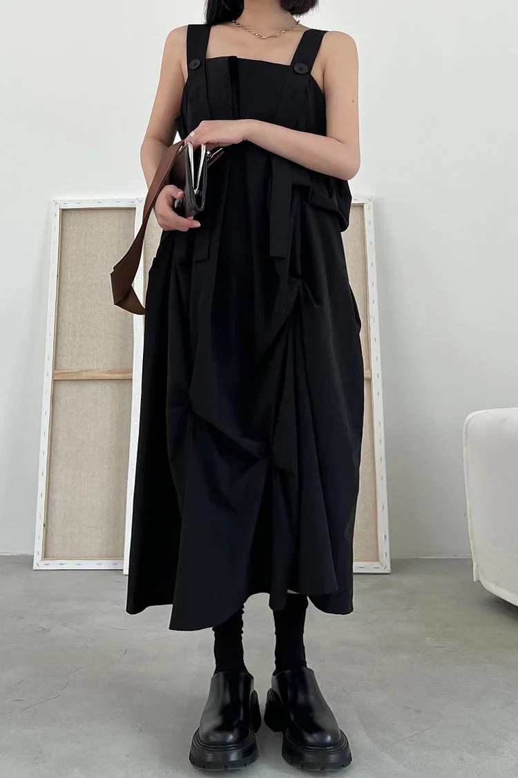 Unique Black Irregular Folds Pockets Straps Dress