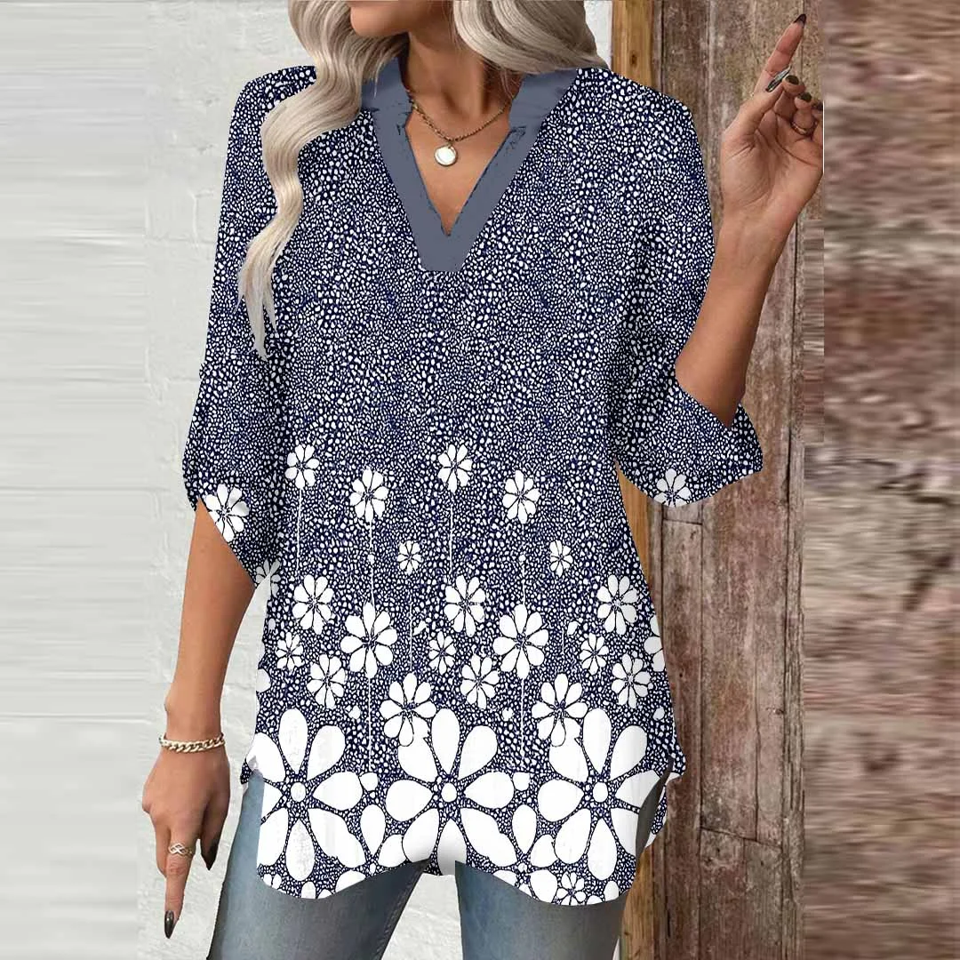 Women Polka Dot, Floral, Black DZGA0560 3/4 Sleeve V-neck Printed Graphic Button Tops