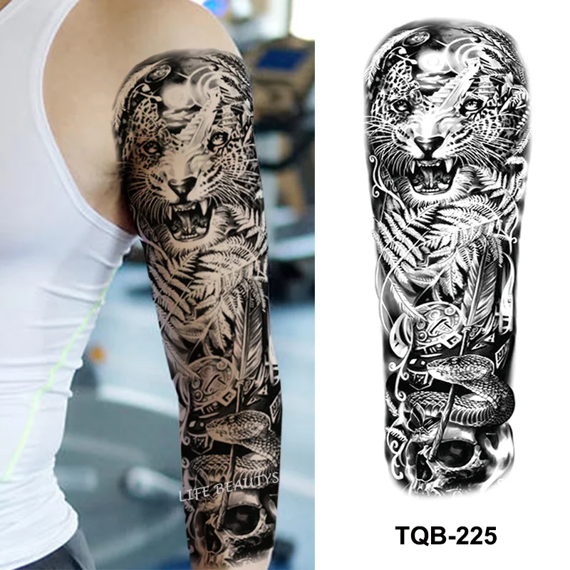 Sdrawing Temporary Full Arm Tattoos Man Women Cool Leg Art Tiger Wolf Black Sleeve Large Fake Sticker Glitter Multiple Style