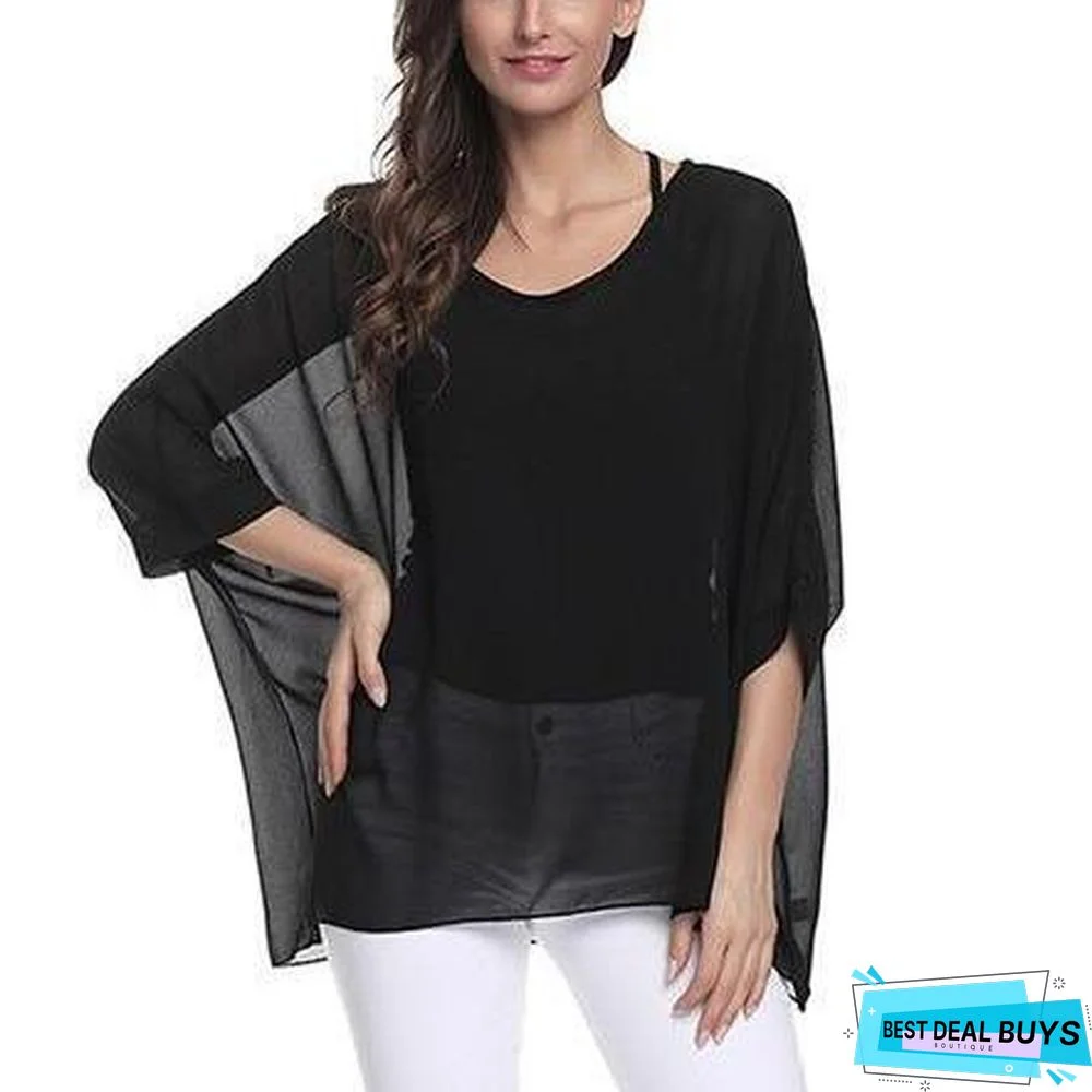 Plus Size Women Batwing Sleeve Casual Chiffon Tops Blouses