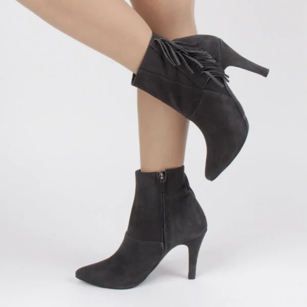 Dark Grey Fringe Boots Pointy Toe Suede Ankle Booties for Women |FSJ Shoes