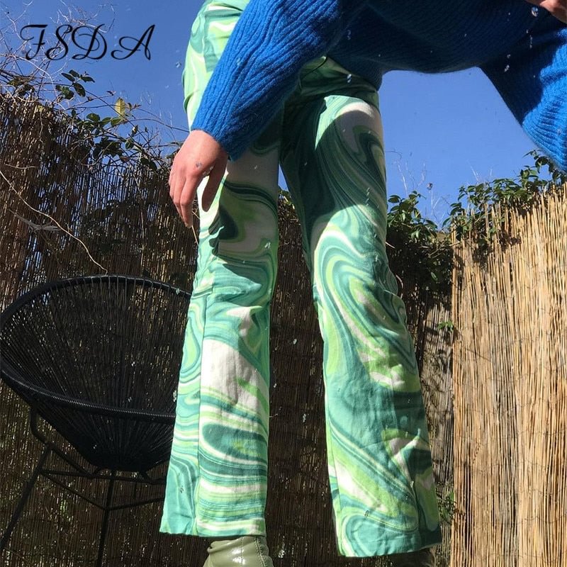 FSDA 2021 Tie Dye Print Pants Women Green Wide Leg Summer Spring Casual Vintage High Waist Zipper Fashion Trousers 90S
