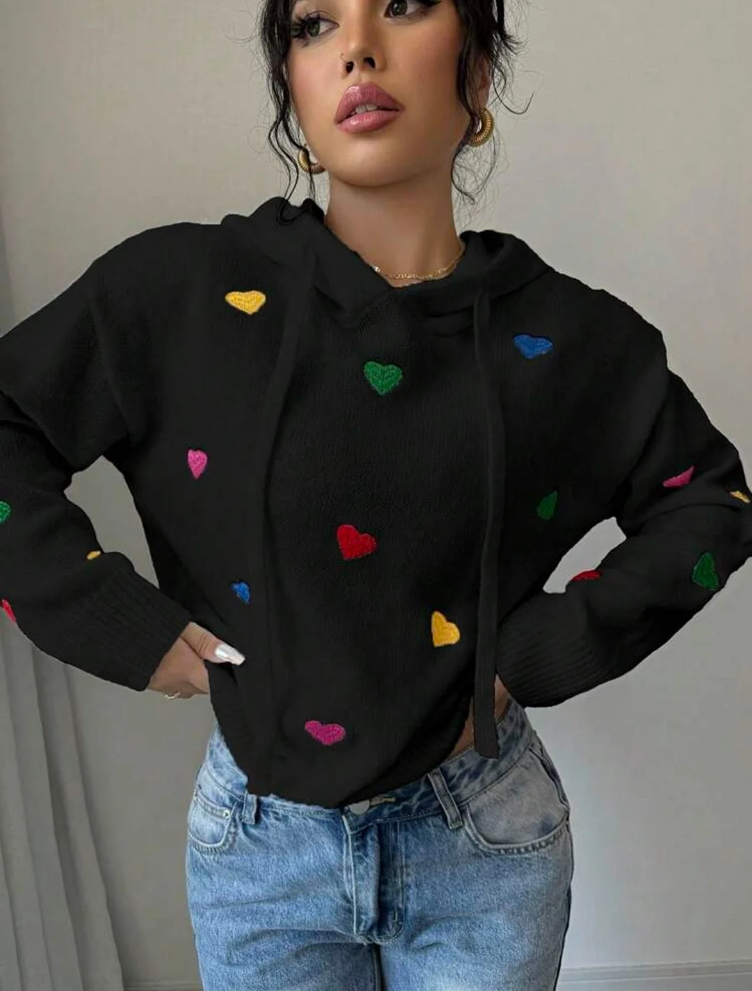 Athvotar Athvotar And Winter Women's Sweater Fashion Color Love Hooded Long-Sleeved Knitted Shirt