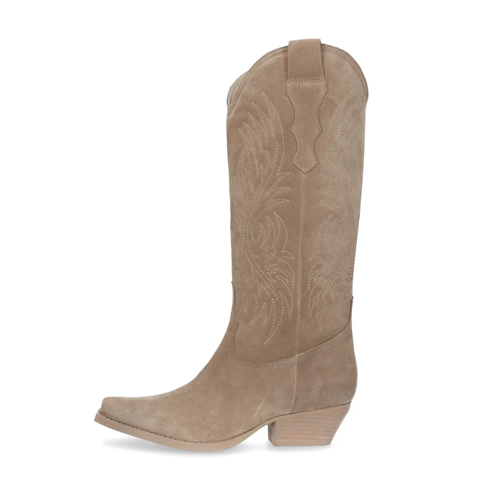 Khaki Snip Toe Chunky Heel Embroidered Mid Calf Cowgirl Boots