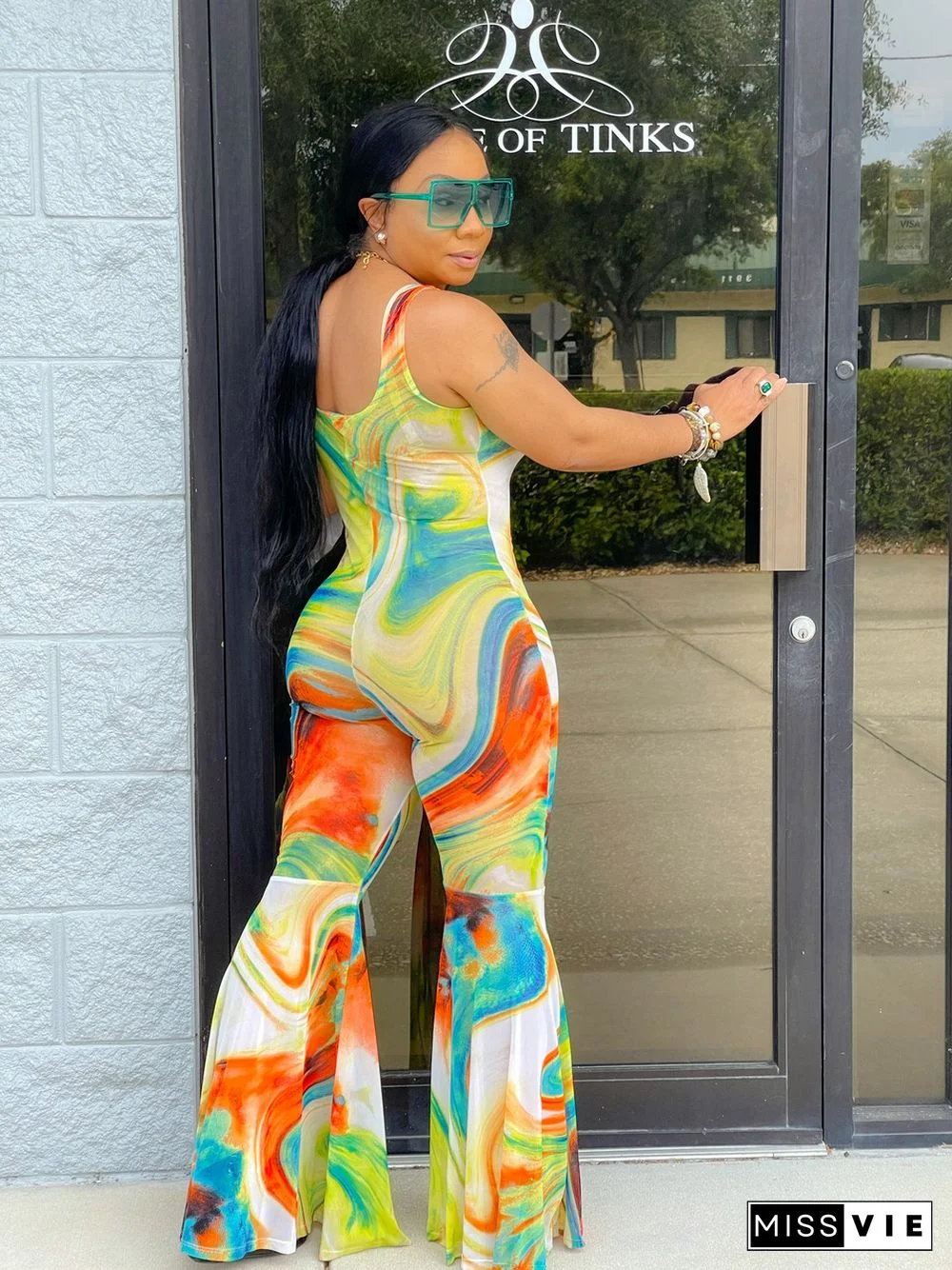 Summer Womens Clothing Casual Tie Dye Print Sleeveless Low Neck Backless Streetwear Bodycon Flare Jumpsuit