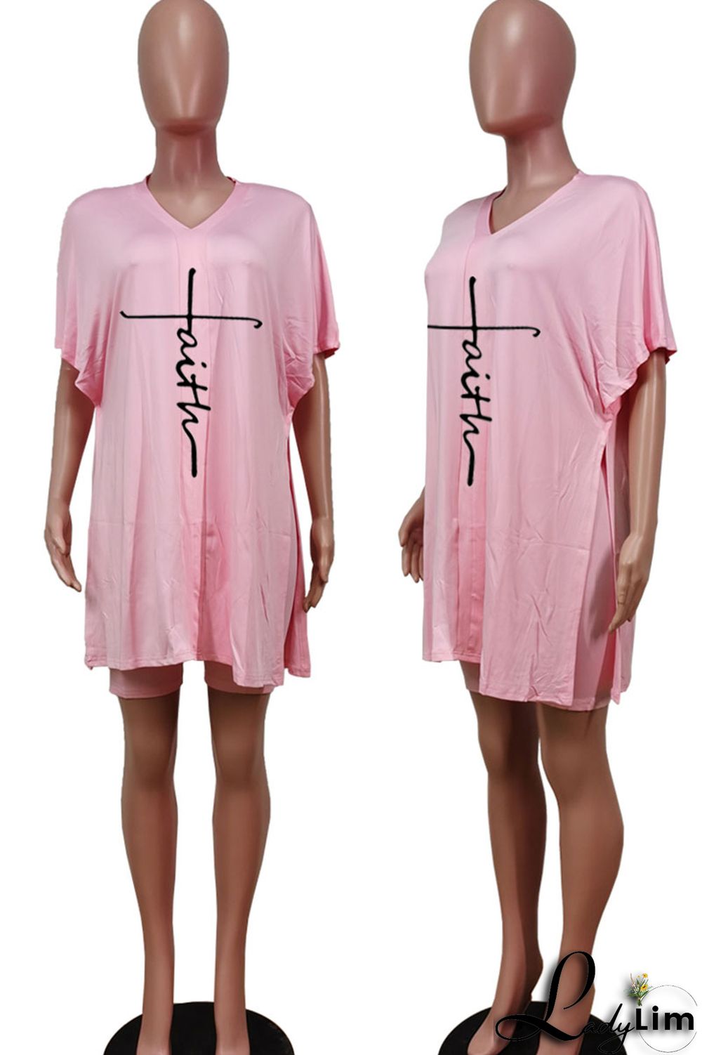 Tangerine Red Casual Print Split Joint V Neck Short Sleeve Two Pieces