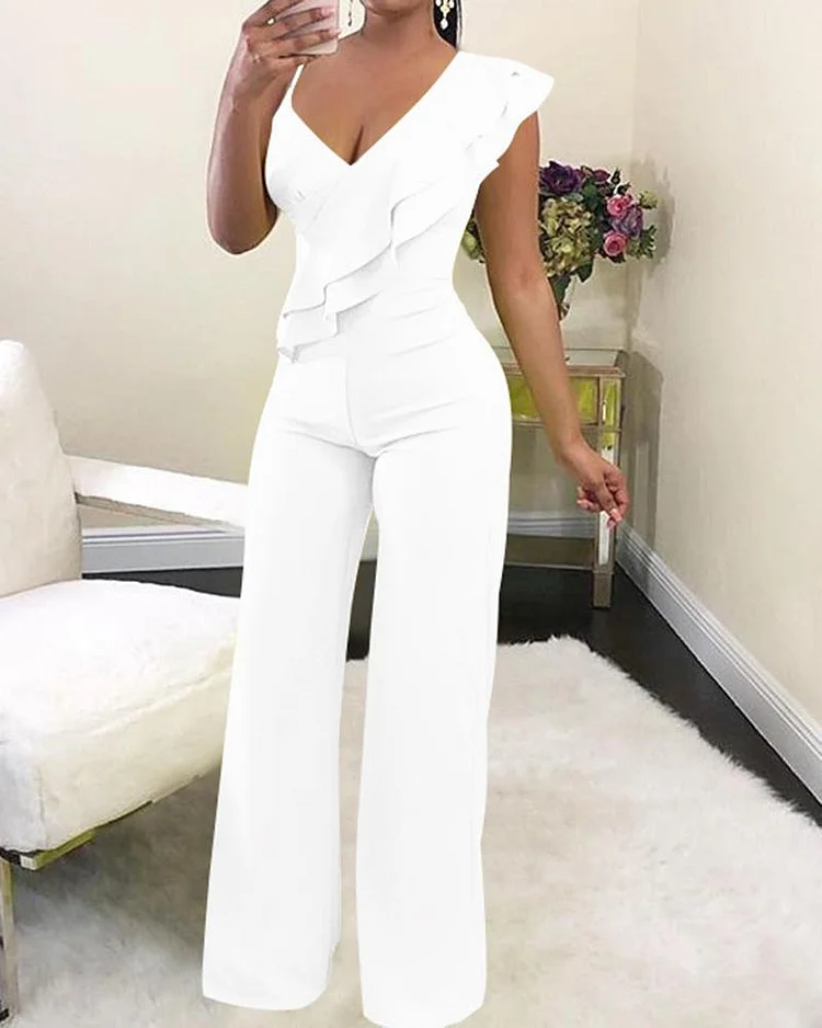 Side shoulder ruffle jumpsuit