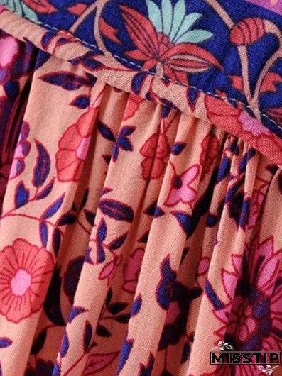 Women s Fashion Polyester Boho Tie Neck Long Sleeve Pleated Day Dress