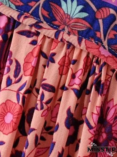 Women s Fashion Polyester Boho Tie Neck Long Sleeve Pleated Day Dress