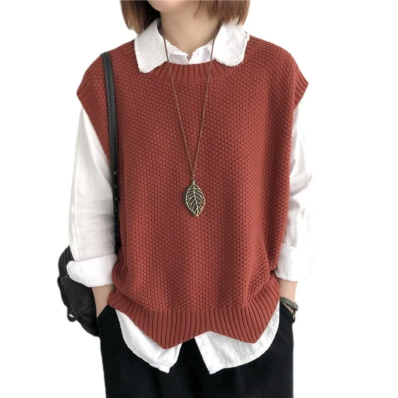 Churchf Churchf 2024 Solid Color Loose Round Collar Horse Clip Vest Wear Irregular Head Short Knit Vest Women's Vest