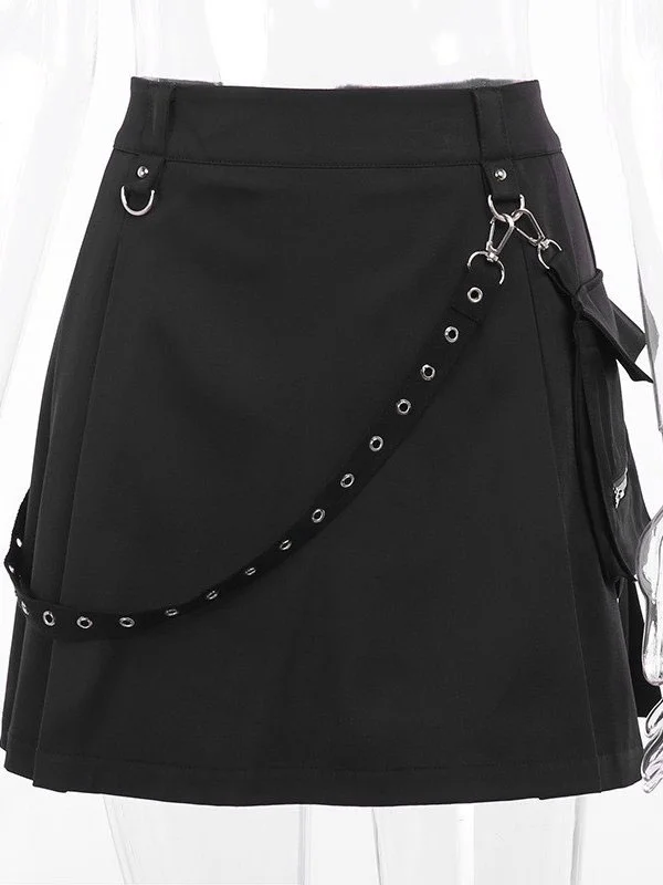 Gothic Side Pocket High Waist Pleated Strappy Chains Back Zipper Dark ...