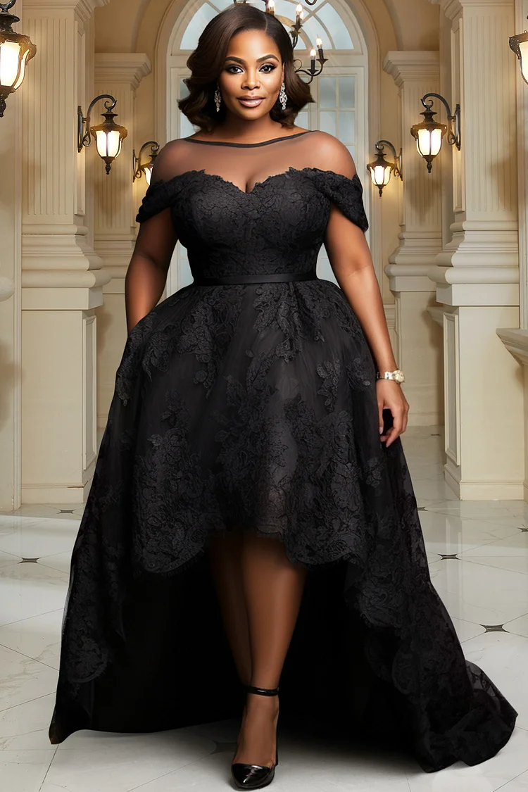Xpluswear Design Plus Size Mother Of The Bride Black Round Neck Short Sleeve High Low Hem Elegant See Through Lace Midi Dresses [Pre-Order] 2024 - Xpluswear