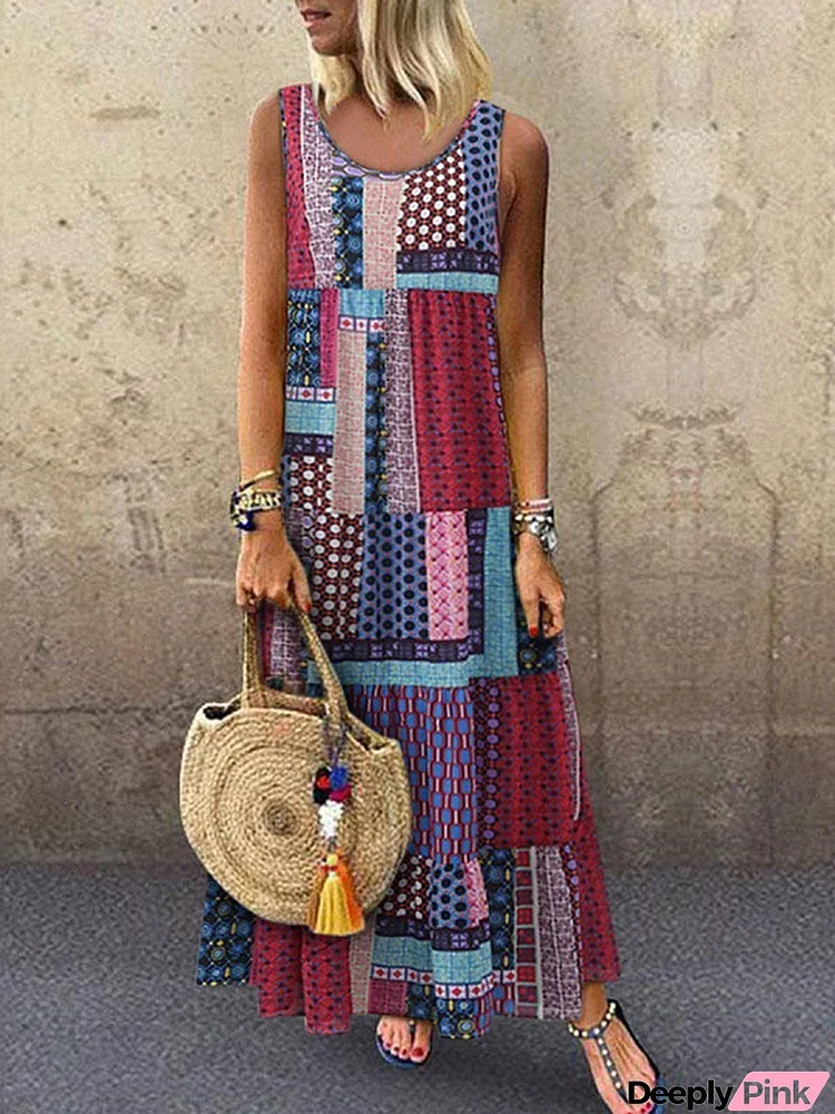 Crew Neck Women Dresses Shift Daytime Printed Patchwork Maxi Dresses