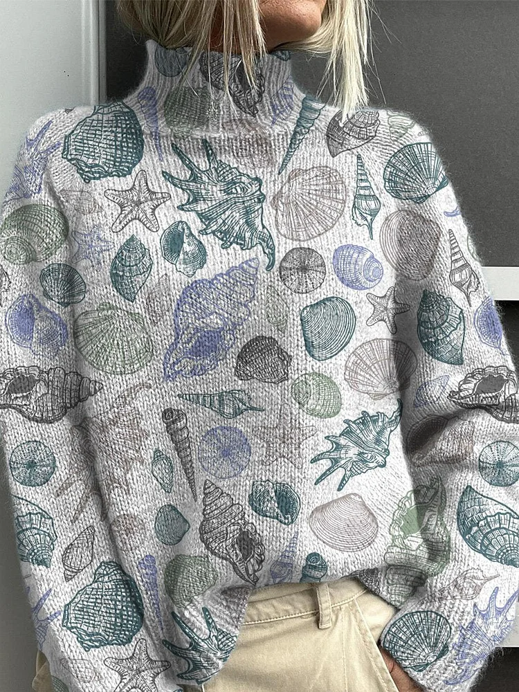 Lovely Seashell Pattern Printed Knit Turtleneck Pullover Sweater
