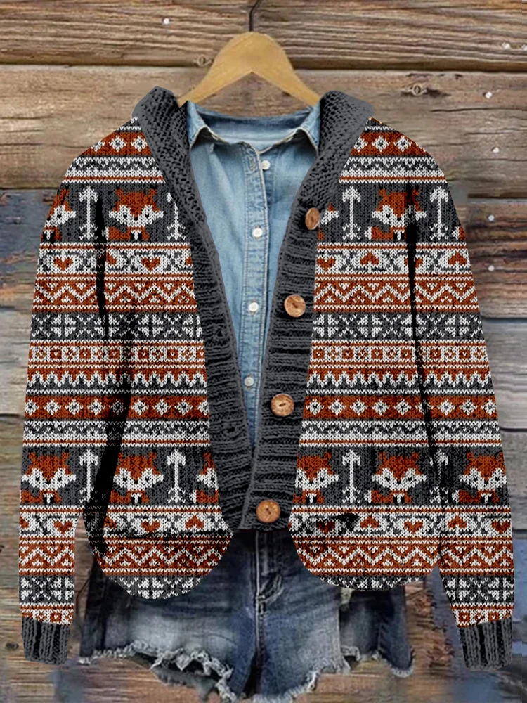 VChics Fair Isle Knitting Fox Pattern Cozy Hooded Cardigan
