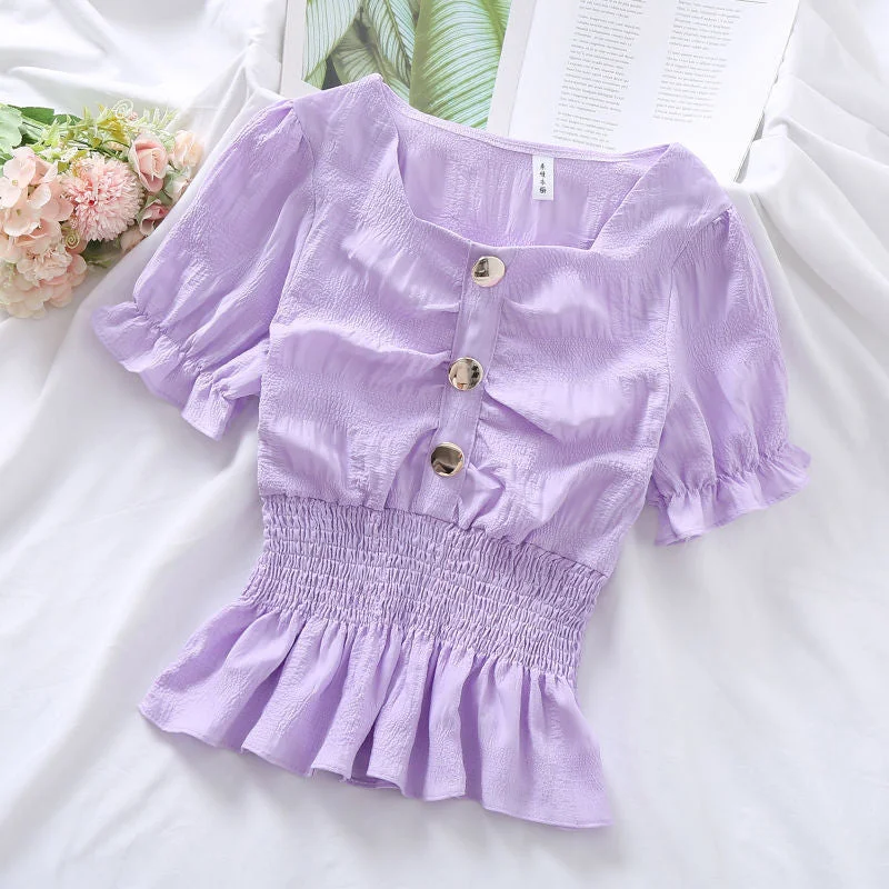 Blouses Women Candy Colors Ulzzang Kawaii Fashion Ins Preppy Clothing Summer Sweet Lovely Girls Slim 2021 Shirring Square Collar