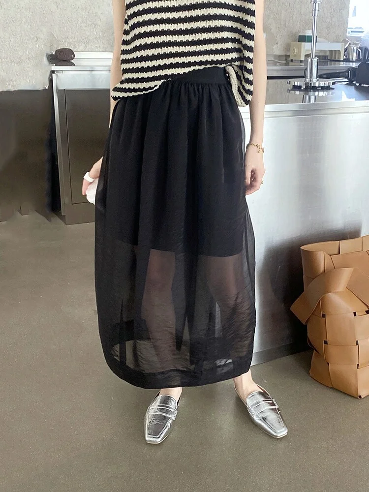 Casual Solid Color Perspective Mesh Patchwork Barrel Skirt             