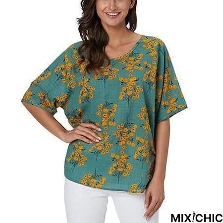 Women's Plus Size Short Sleeve Tops Floral Print Casual 100% Cotton Blouses