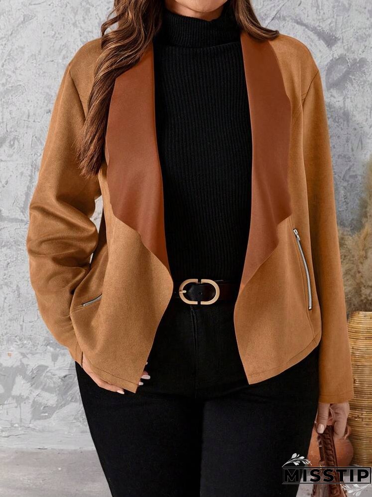 Women's Plus Size Zipper Color Block Long Sleeve Jacket, Sophisticated And Elegant Style, Brown For Autumn