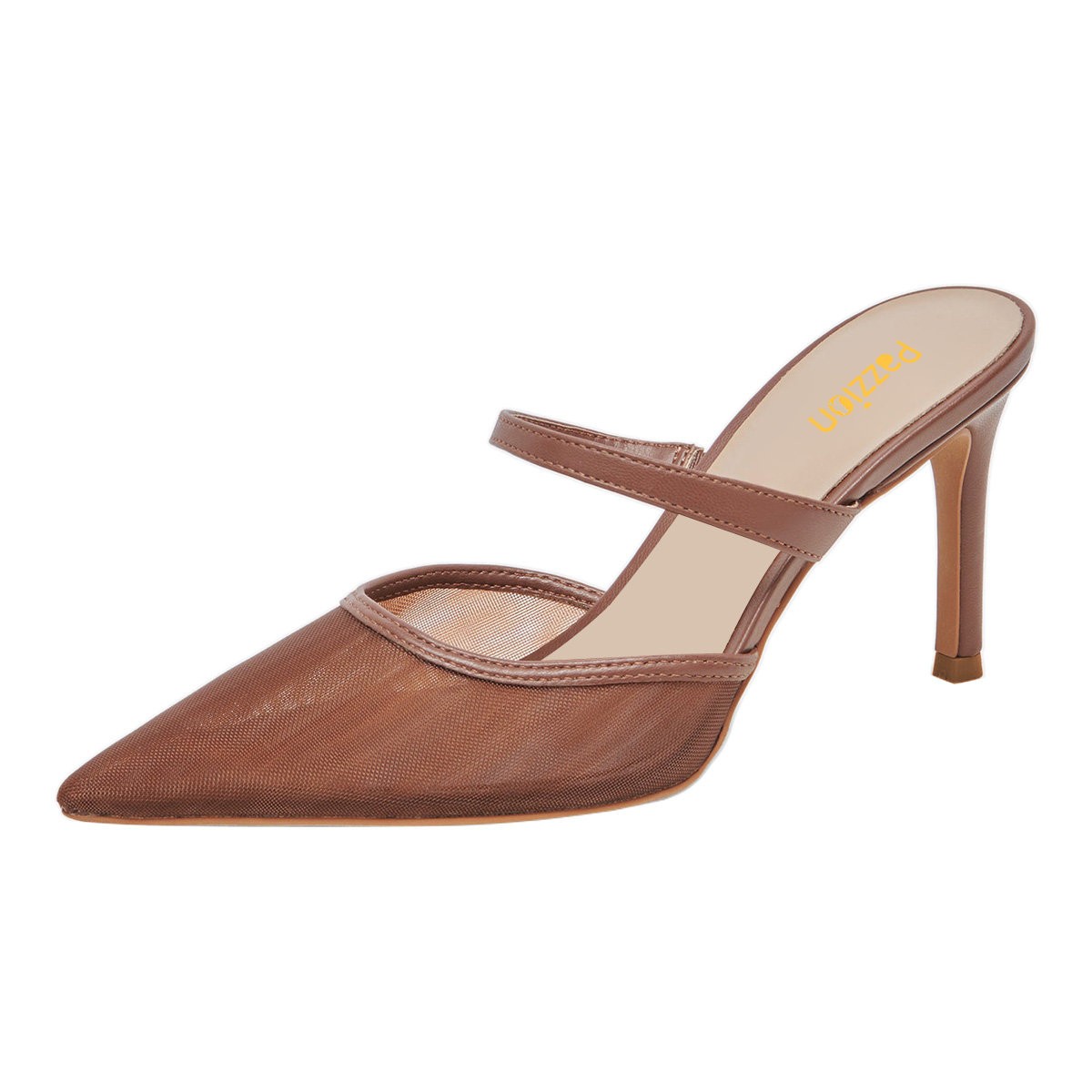 Brown Mesh Pointed Toe Stiletto Heel Womens Mules Shoes with Strap Nicepairs