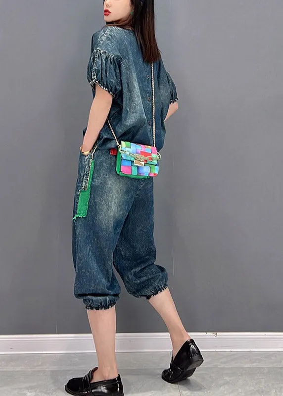Handcrafted Blue O-Neck Wrinkled Appliques Denim Tops and Pants-Two Piece Set Women