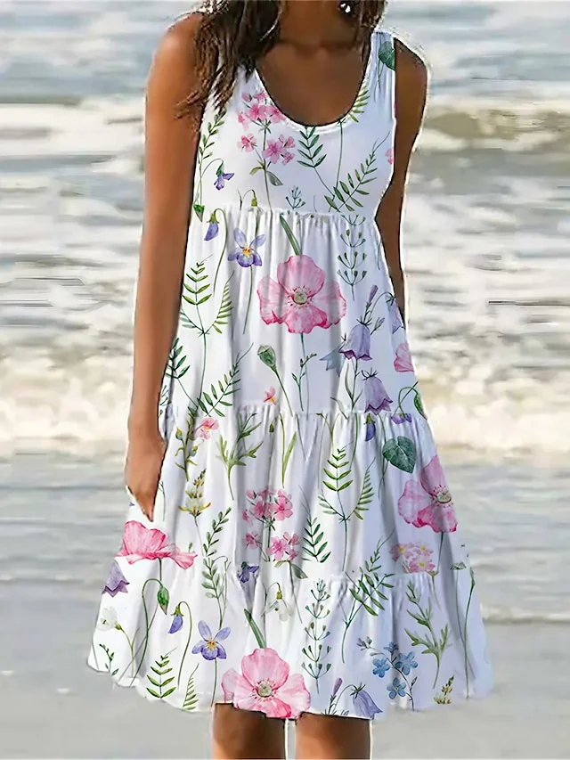 Women's Sundress Tank Dress Floral Ruched Print Crew Neck Midi Dress Tropical Vacation Beach Sleeveless Summer Spring
