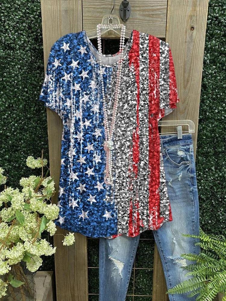 Glitter Star Stripe Casual Short Sleeve T-Shirt