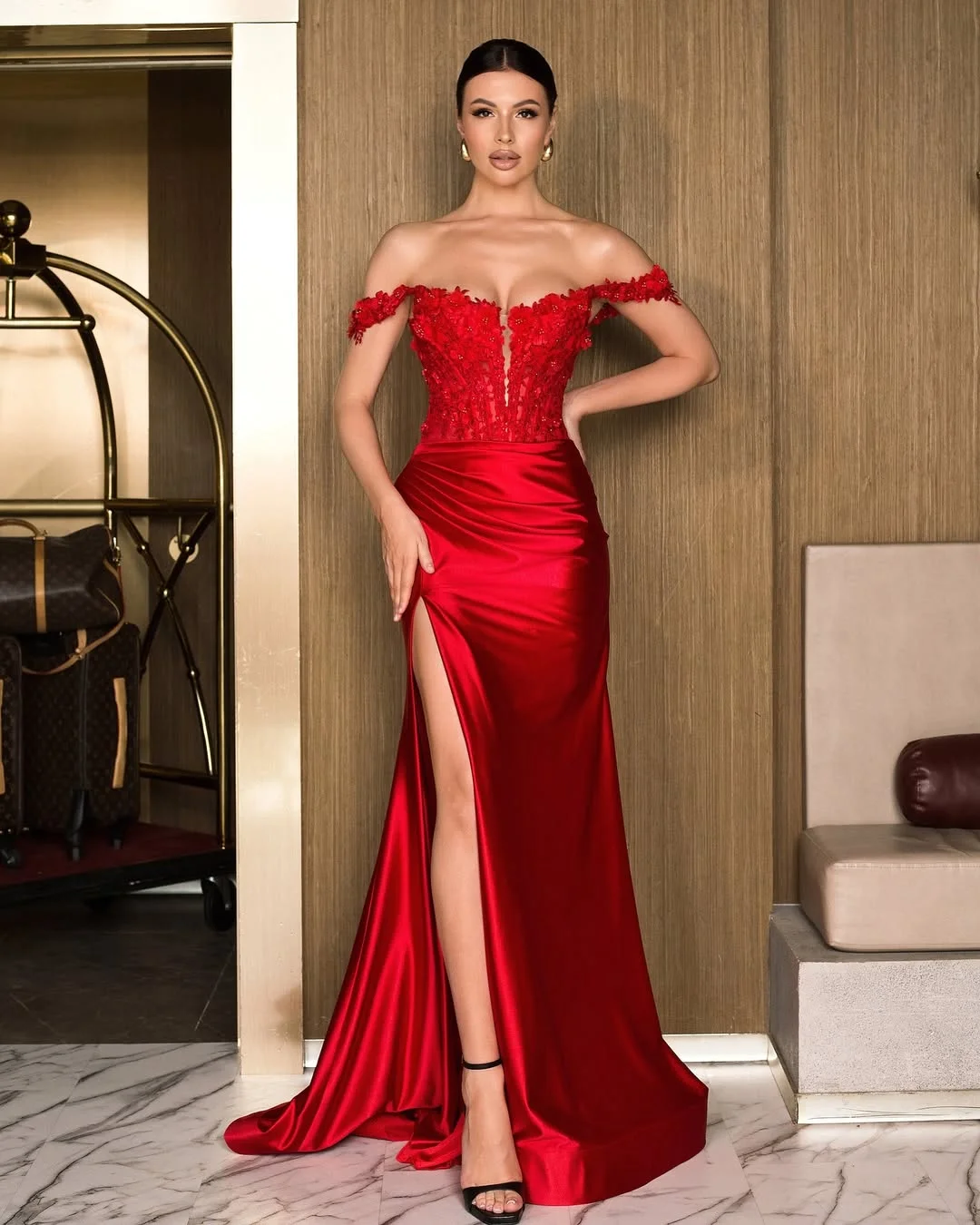 Miabel Stunning Red Satin Strapless Off the Shoulder Applique Pleated Prom Dress with Split 