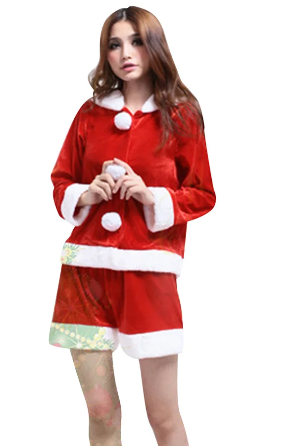 Deluxe Lovely Hooded Fur Trim Christmas Santa Costume Red-elleschic