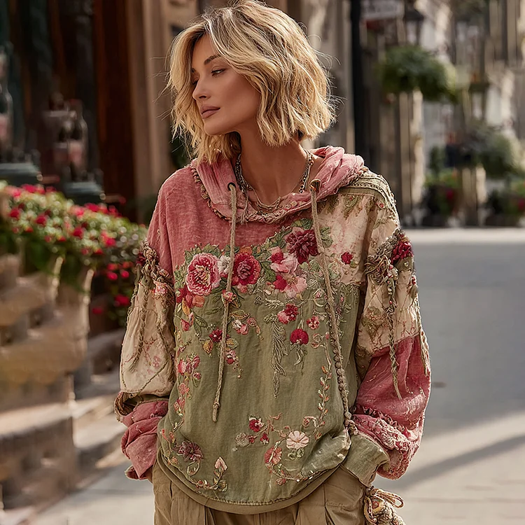 Women's Vintage Floral Embroidery Art Casual Hoodie