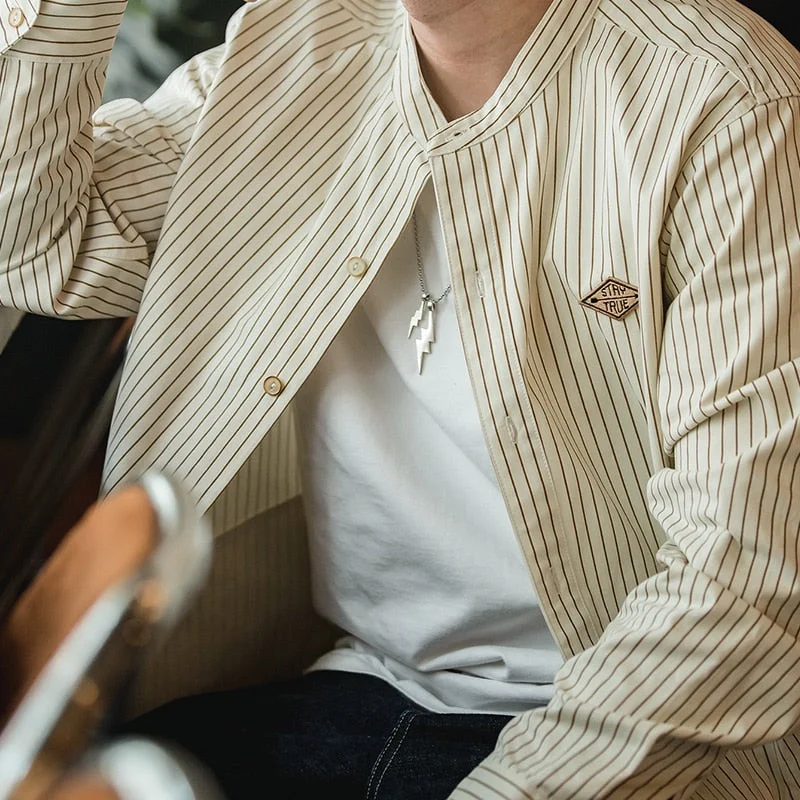 Aonga Korea Styel Retro Stripe Men's Shirt Loose Leisure Cotton Long Sleeve Stand Collar Shirt Male Clothes Plus Size