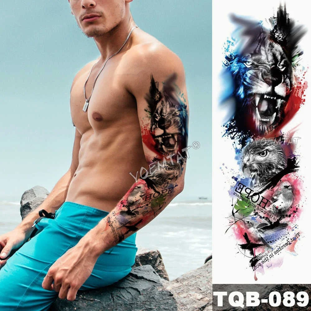 Large Arm Sleeve Tattoo Sketch Lion Tiger Waterproof Temporary Tatoo Sticker Wild Fierce Animal Men Full Bird Totem Tatto