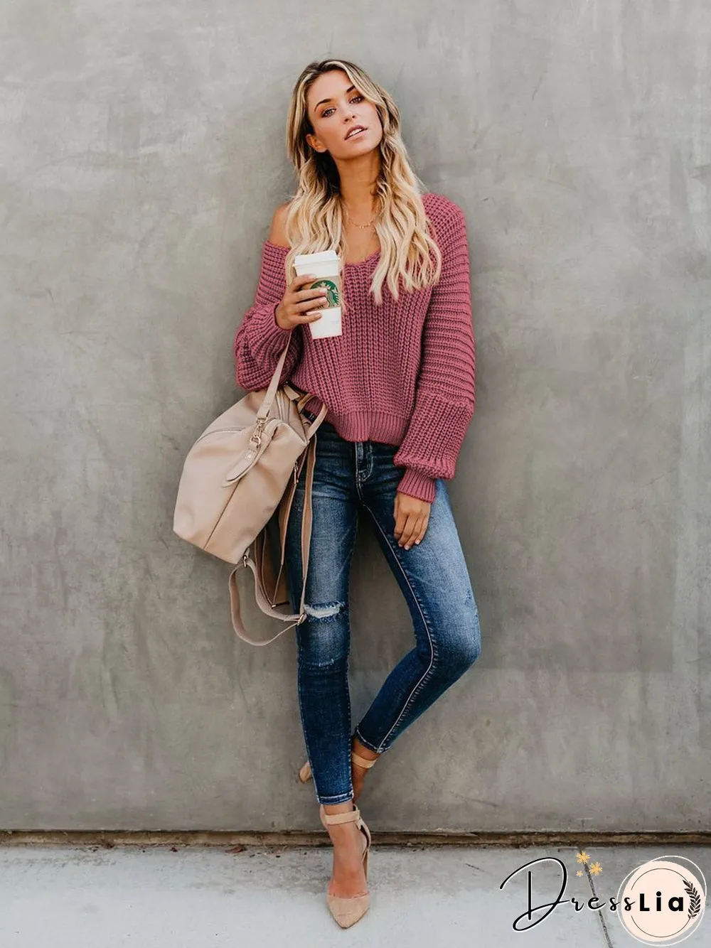 Indianred Loose Long Sleeve Knit V-Neck Sweater