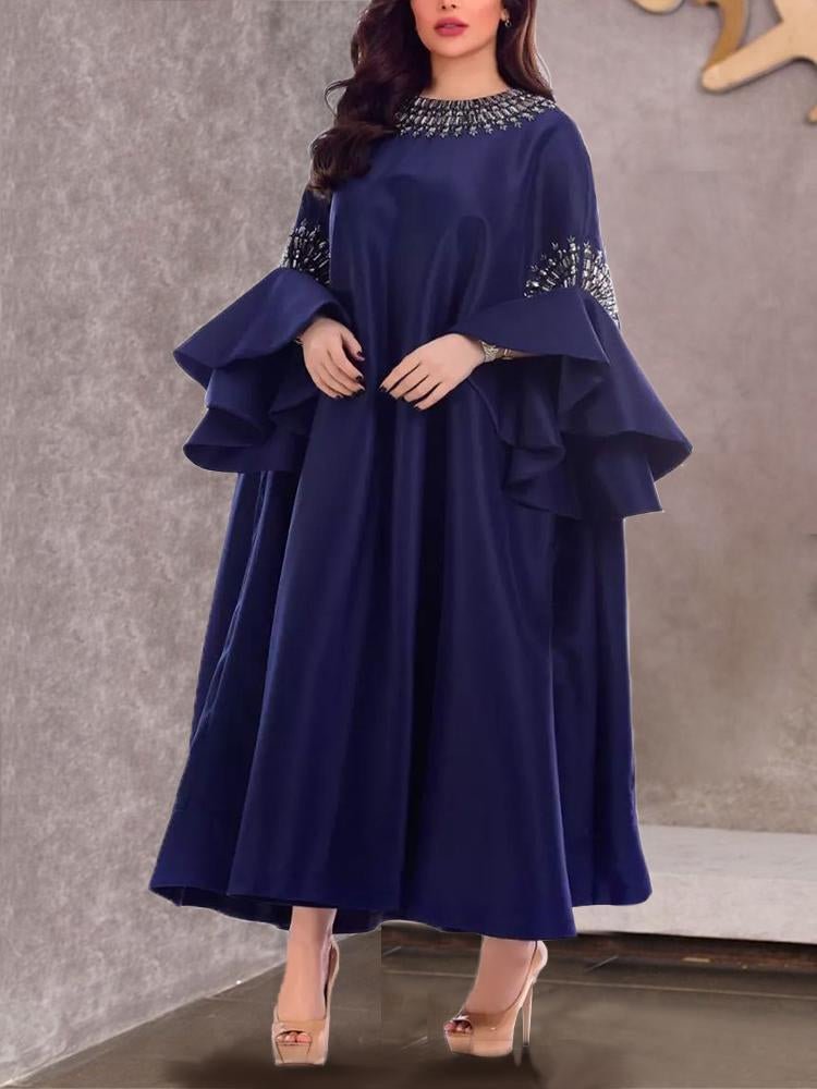 Flare sleeve loose blue silk dress