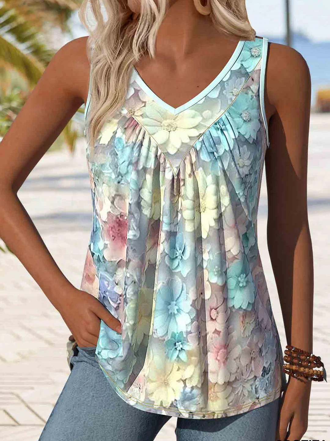 Women Sleeveles V-neck Floral Printed Graphic Tops