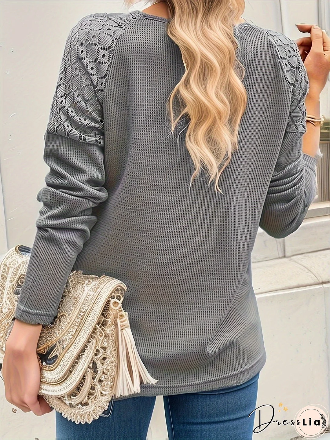 Lace Stitching Button Front V Neck T-Shirt, Casual Long Sleeve Top For Spring & Fall, Women's Clothing