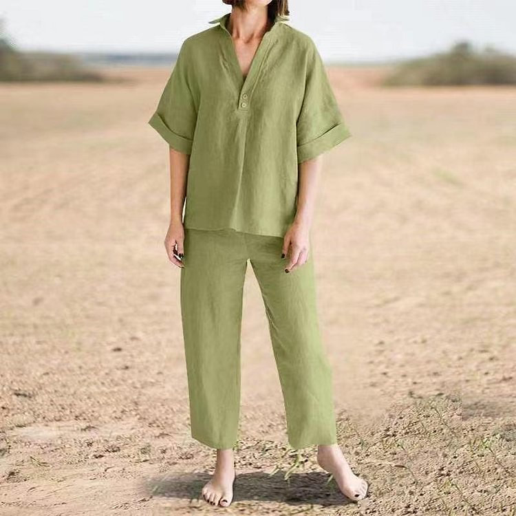 Women's Solid Color Lapels Top Casual Pants Two-Piece Suit