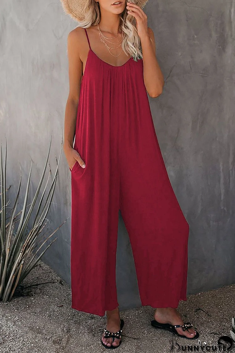 Strap Jumpsuit Women's New Solid Color Pocket Casual Jumpsuit