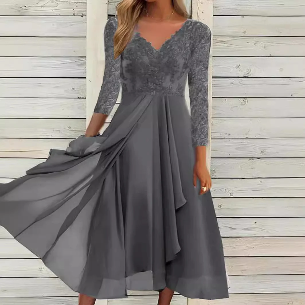 Brownm Brownm And Winter Long-Sleeved Chiffon Dress Splicing V-Neck Lace Hollow-Out Bridesmaid Evening Dress