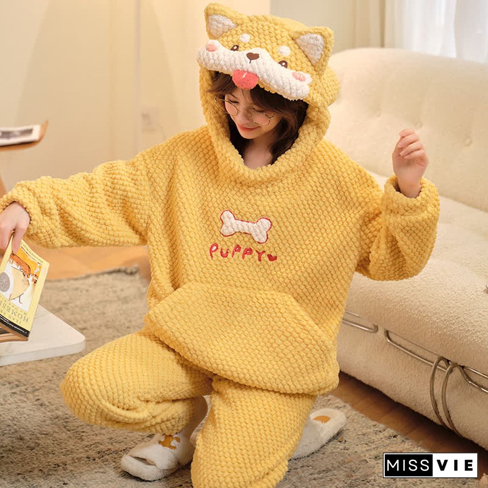 Cartoon Puppy Plush Loose Hooded Pajamas Set