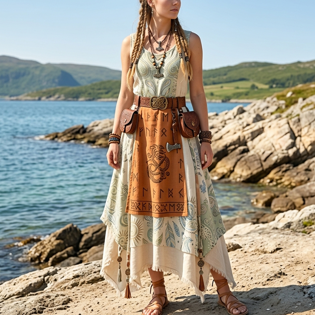 Cotton Linen Viking-Inspired Boho Maxi Dress with Nordic Symbols and Fringed Hem