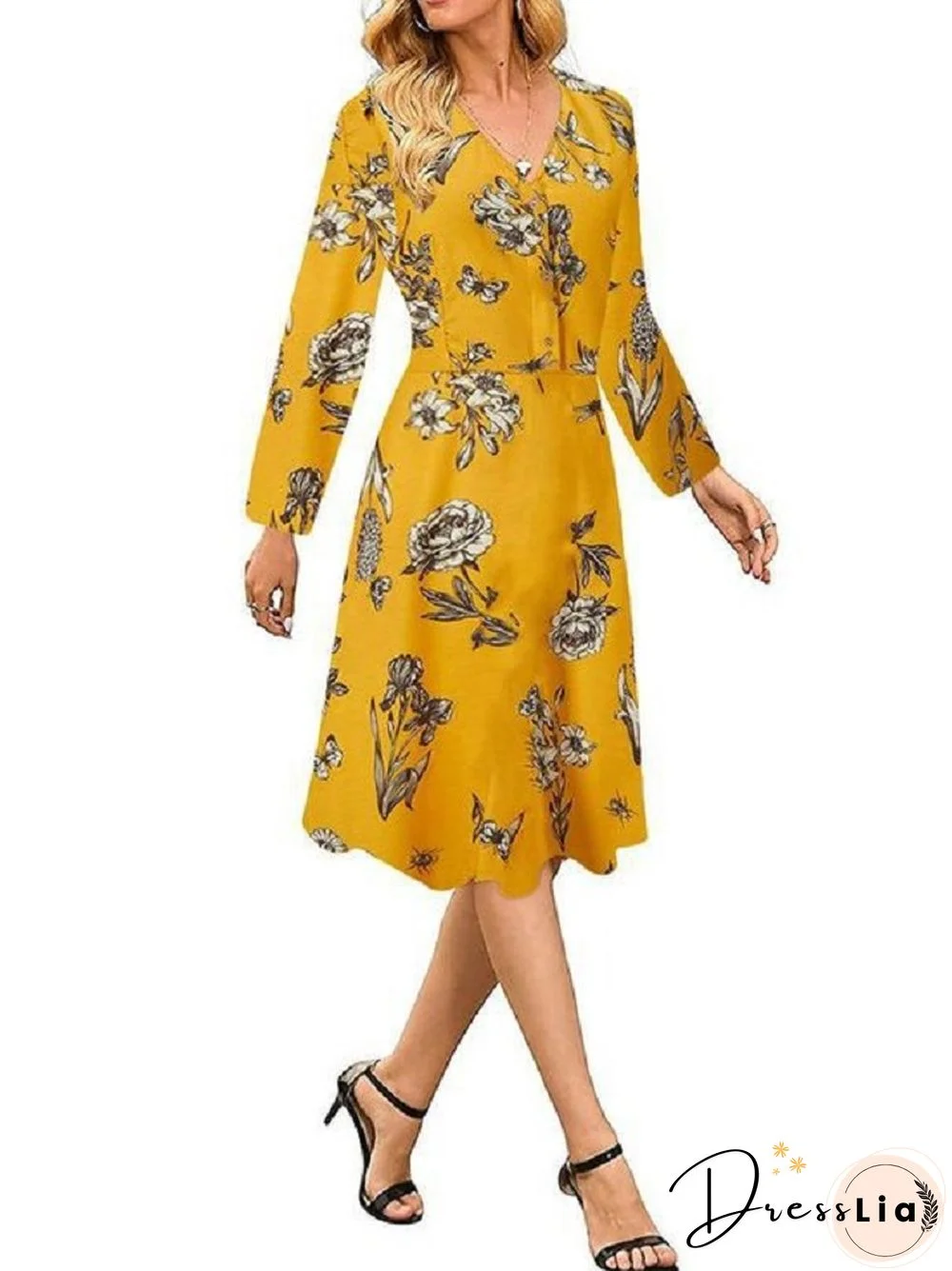 Broken Skirt Slim V-neck Flower Dress