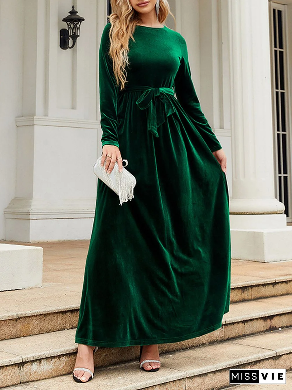Long Sleeves Wrap Belted Pleated Solid Color Zipper Round-Neck Maxi Dresses