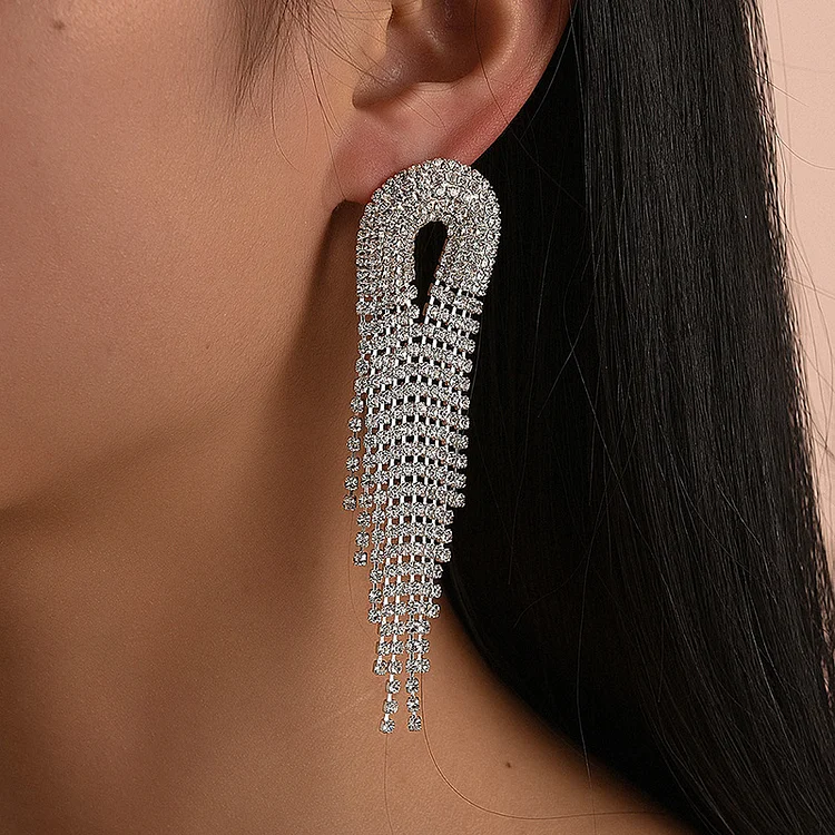 Exaggerated Alloy Diamond Layered Earrings Tassel Sparkling Geometric Earrings