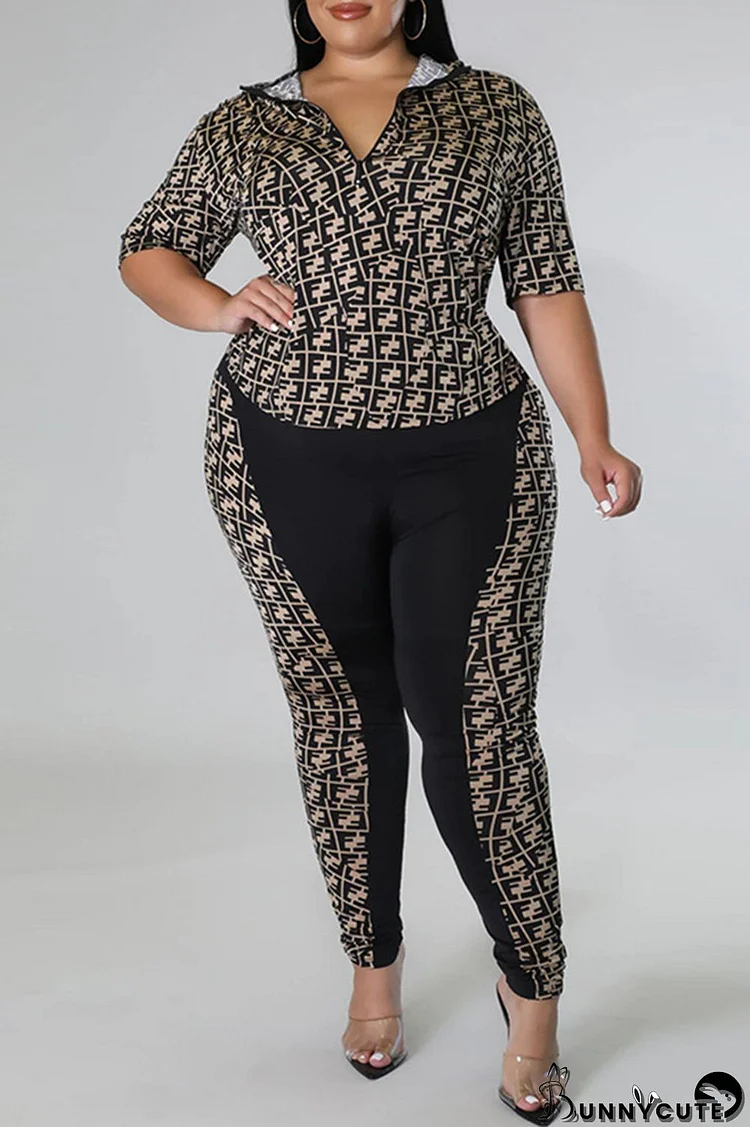 Black Fashion Casual Print Patchwork Zipper Collar Plus Size Two Pieces