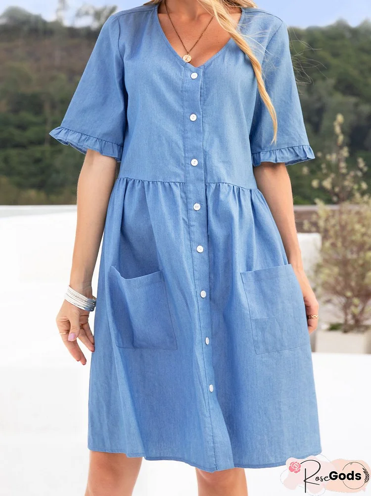 Casual Pockets Half Sleeve Plain Weaving Dress