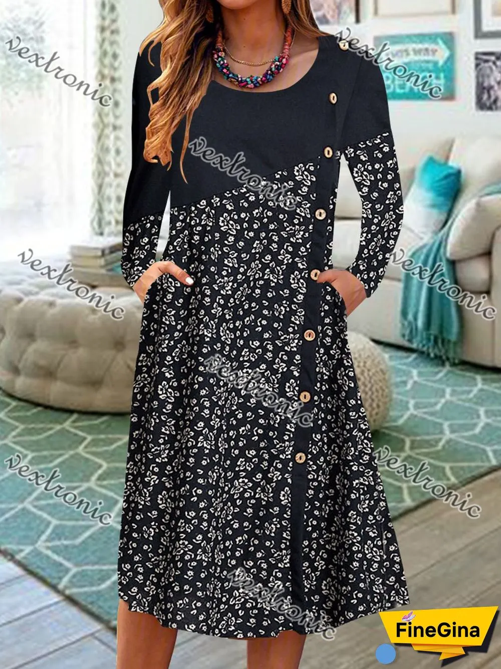 Women Long Sleeve Scoop Neck Printed Buttons Midi Dress