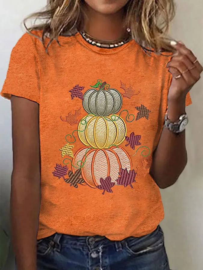 Women's Thanksgiving Pumpkin Maple Leaves  Printed Tee 