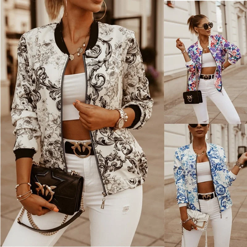 Leosoxs Flower Print Long Sleeve Women's Bomber Jacket Fashion Zipper Up Vintage Coat Tops Elegant Slim Basic Ladies Jackets