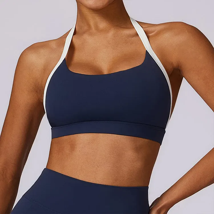 Solid Color Halter Neck Bra Long Sleeve Crop Tank Top Pants Sports Fitness Gym Yoga Outfits